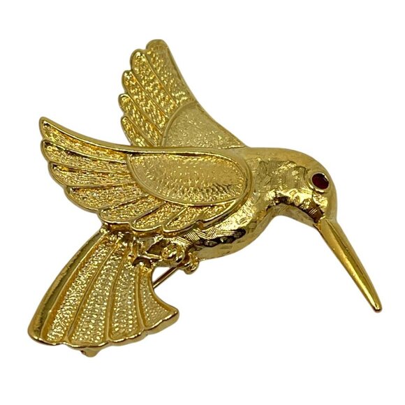 Avon Jewelry - Avon Gold Tone Hummingbird Bird Brooch Pin Red Rhinestone Eye Textured Wings